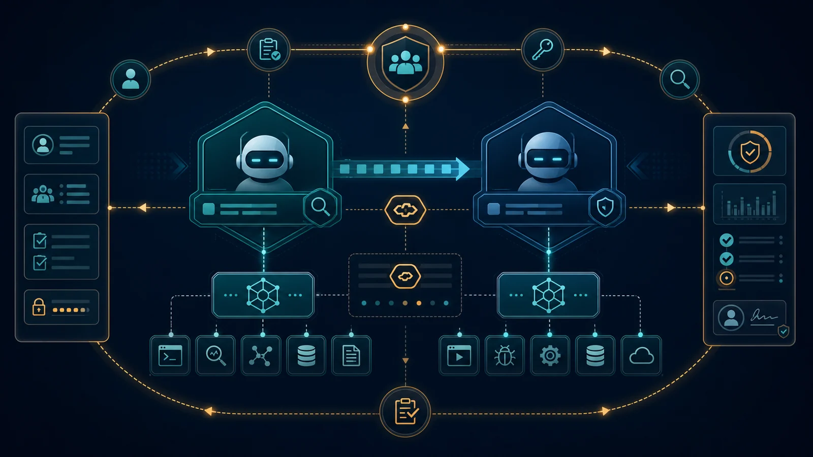 Các agent SOC trao đổi task qua A2A và truy cập dữ liệu, công cụ qua MCP với identity và audit gateway