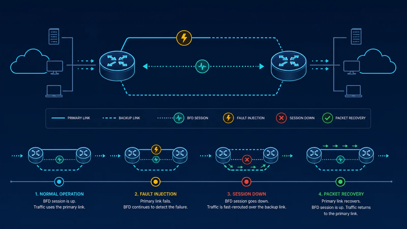 Topology kiểm thử BFD tách detection, convergence và service restoration.