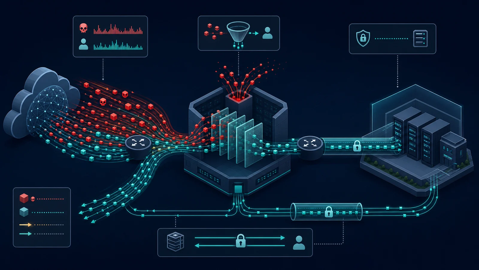 Lưu lượng Internet được BGP chuyển tới scrubbing center rồi trả traffic sạch qua GRE về data center