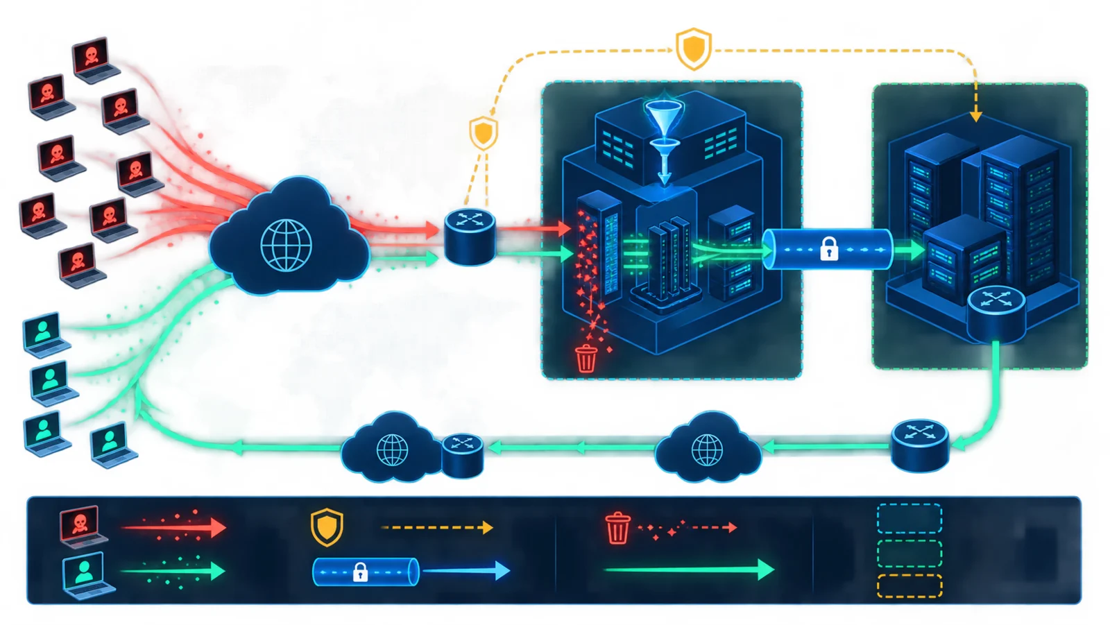 Topology DDoS scrubbing với BGP diversion và GRE return.