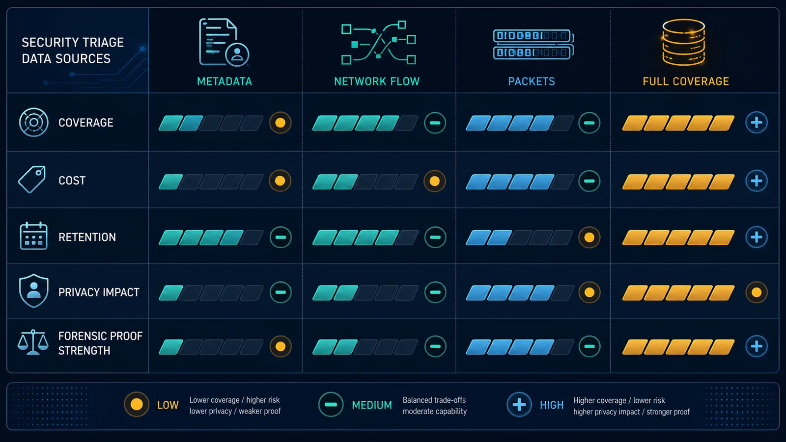 Ma trận lựa chọn nguồn dữ liệu cho NetSecOps triage.