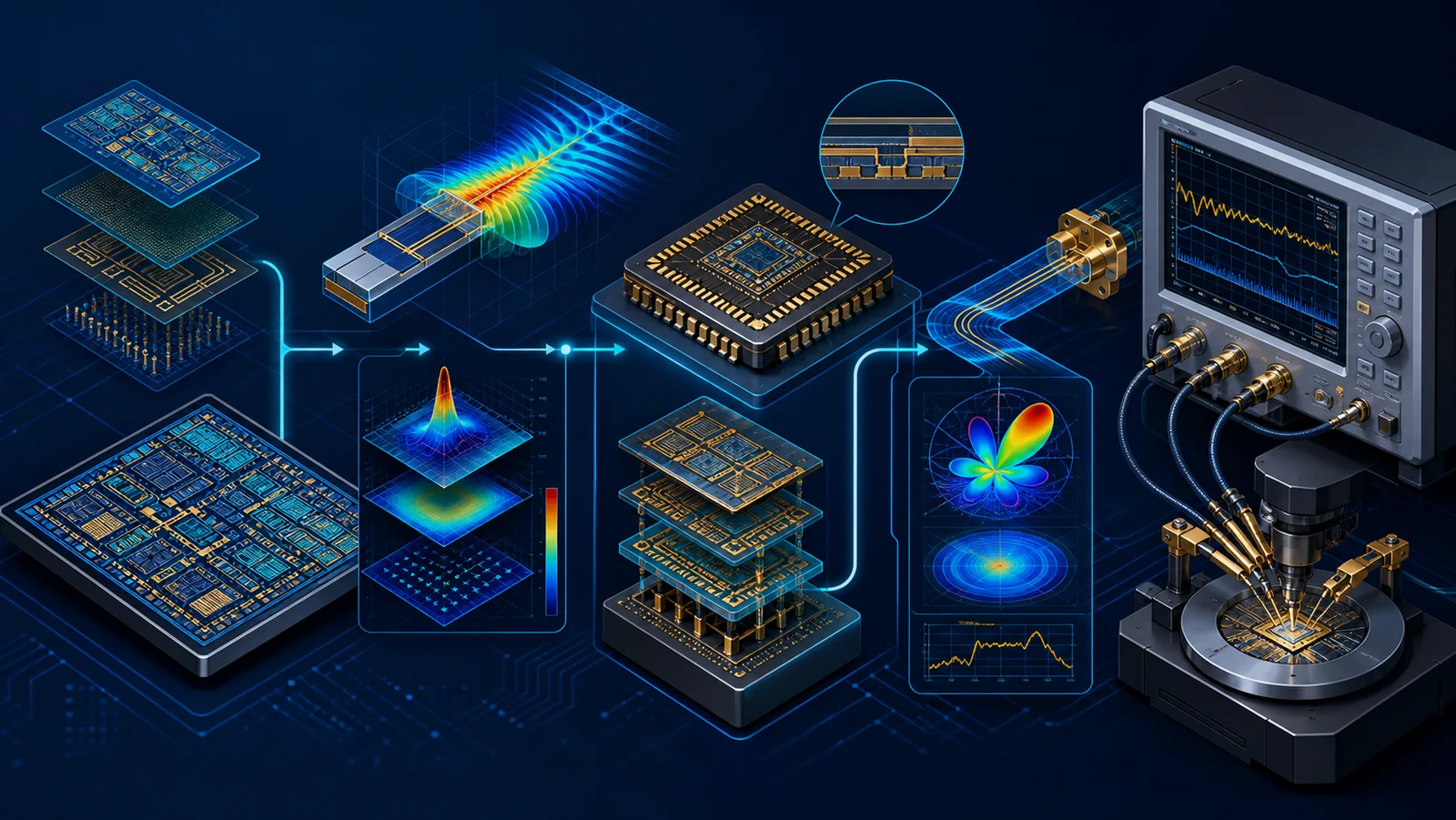 Chuỗi thiết kế IC từ model, schematic, layout, EM simulation đến đo silicon với các điểm kiểm chứng