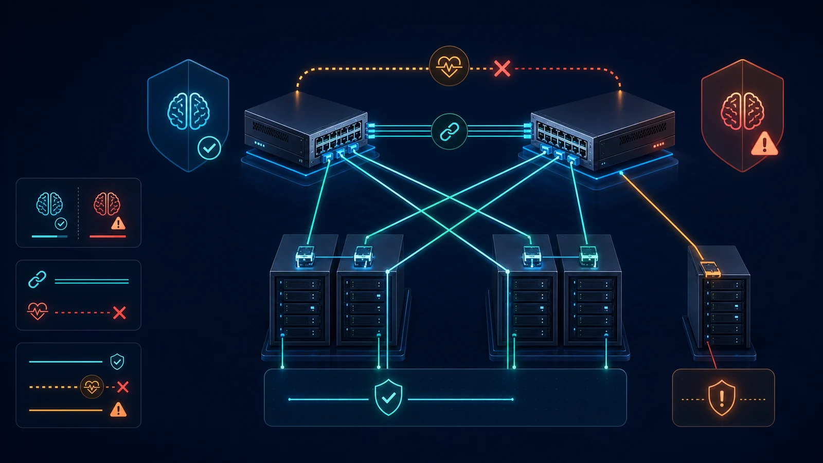 Hai switch MLAG nối peer-link, keepalive, thiết bị dual-homed và máy chủ orphan port