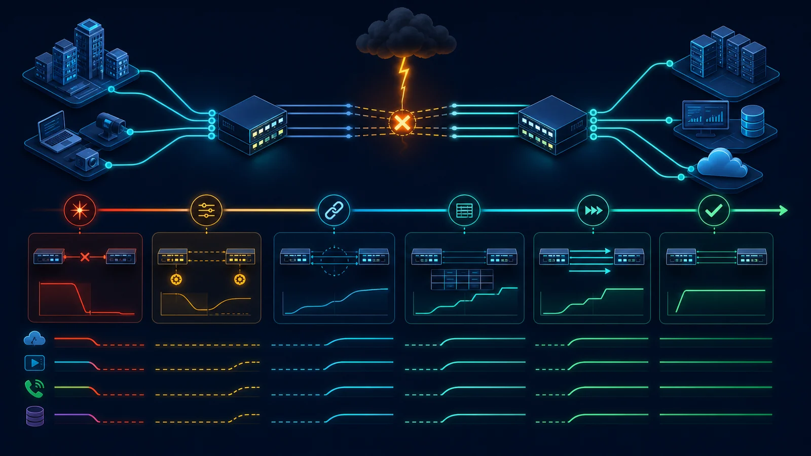 Timeline MLAG tách control convergence và service restoration.