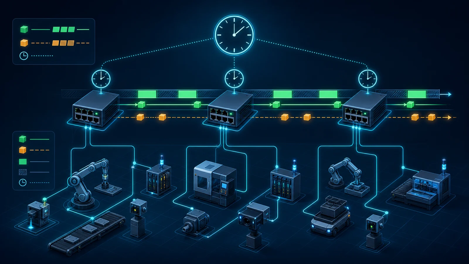 Các switch TSN mở và đóng traffic gate theo lịch đồng bộ trên một timeline