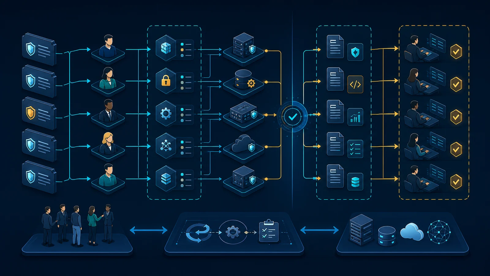 Minh họa: Chuỗi requirement, control, owner, evidence và test trong đánh giá phạm vi CMMC.