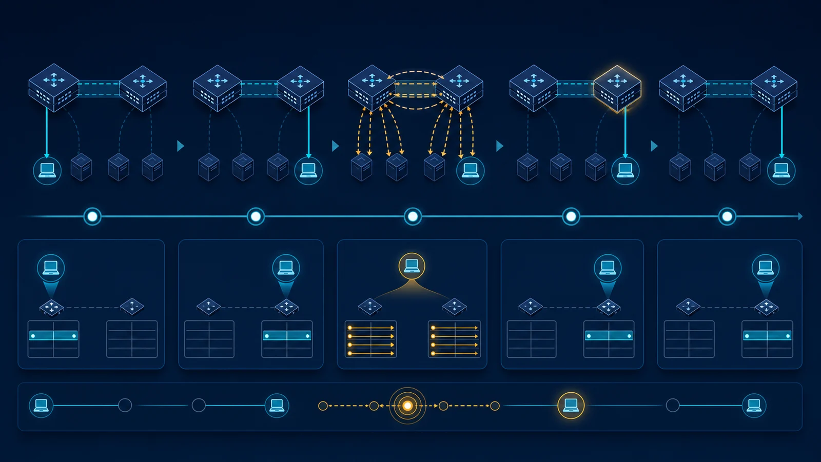 Minh họa: Timeline EVPN-VXLAN mobility và thay đổi BUM forwarding.