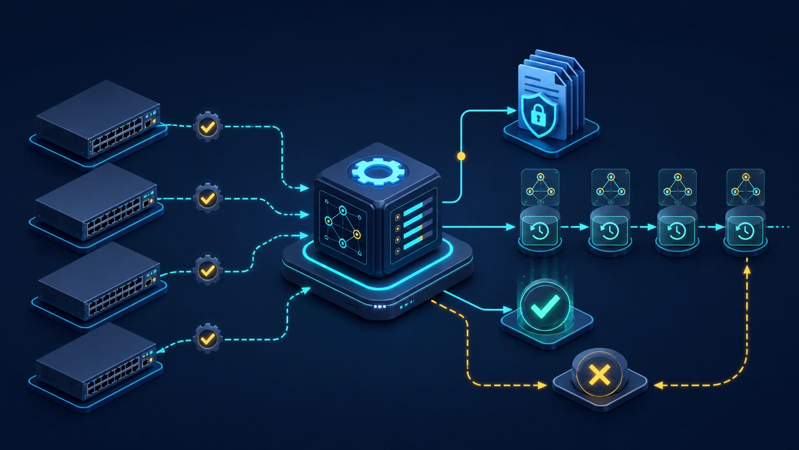 Automation controller gửi cấu hình YANG tới nhiều thiết bị qua NETCONF và RESTCONF với checkpoint, commit và rollback