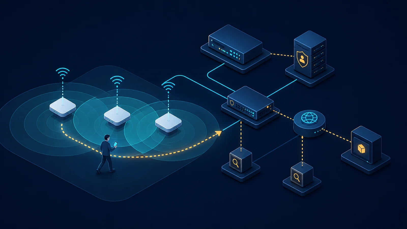 Minh họa: Topology kiểm thử Wi-Fi roaming 802.11k/v/r với điểm quan sát RF và dịch vụ.