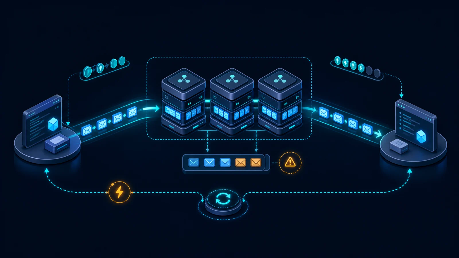 Producer và consumer trao đổi AMQP 1.0 qua broker với link credit, unsettled delivery và reconnect
