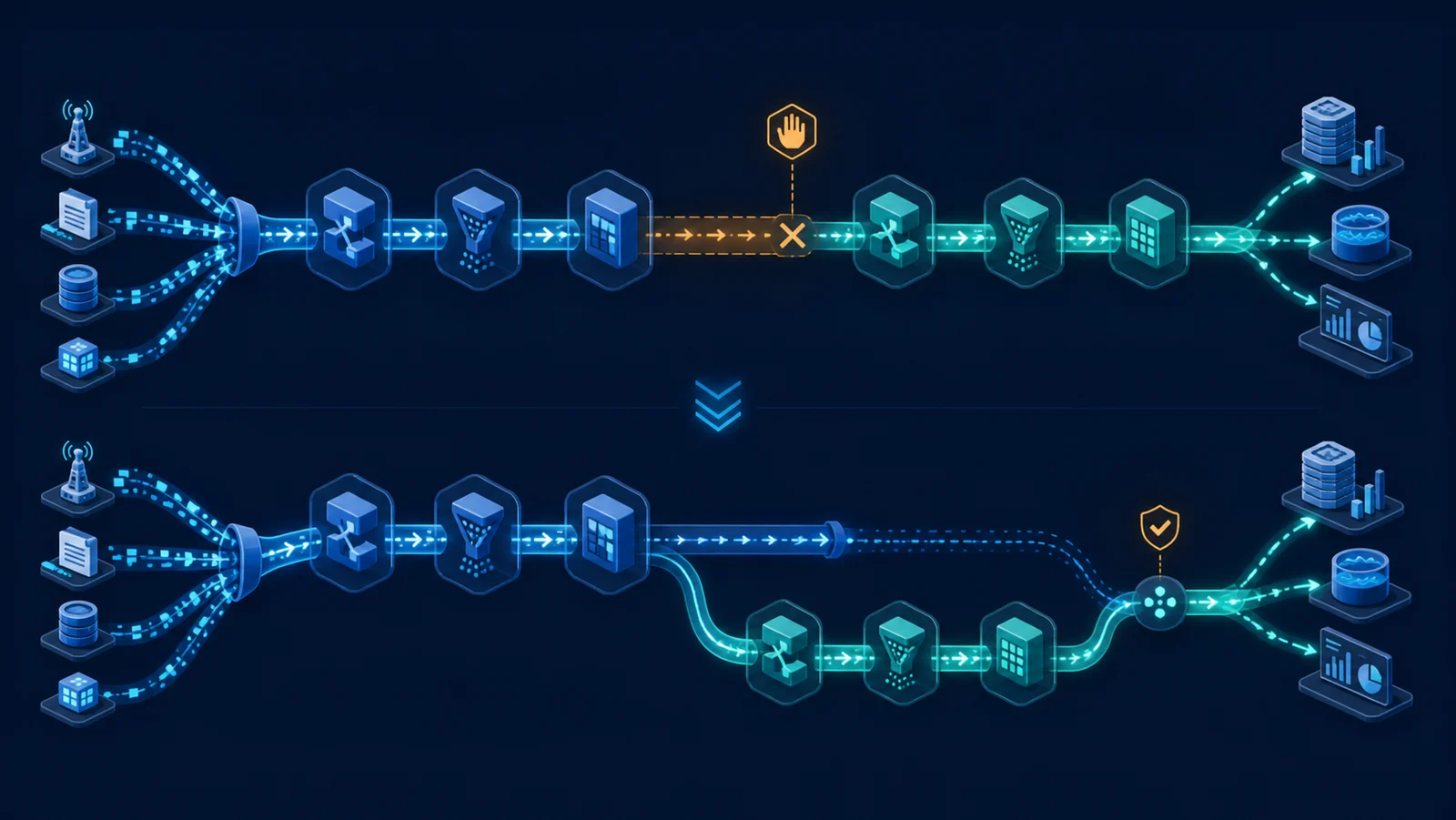 Pipeline Dataflow cũ và mới chuyển giao theo hai chiến lược stop-and-replace và chạy song song