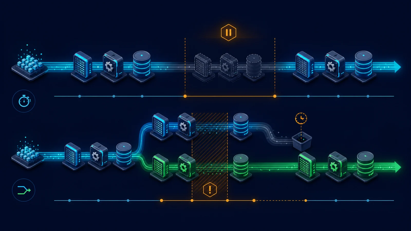 Minh họa: So sánh timeline hai chiến lược cập nhật Dataflow tự động.