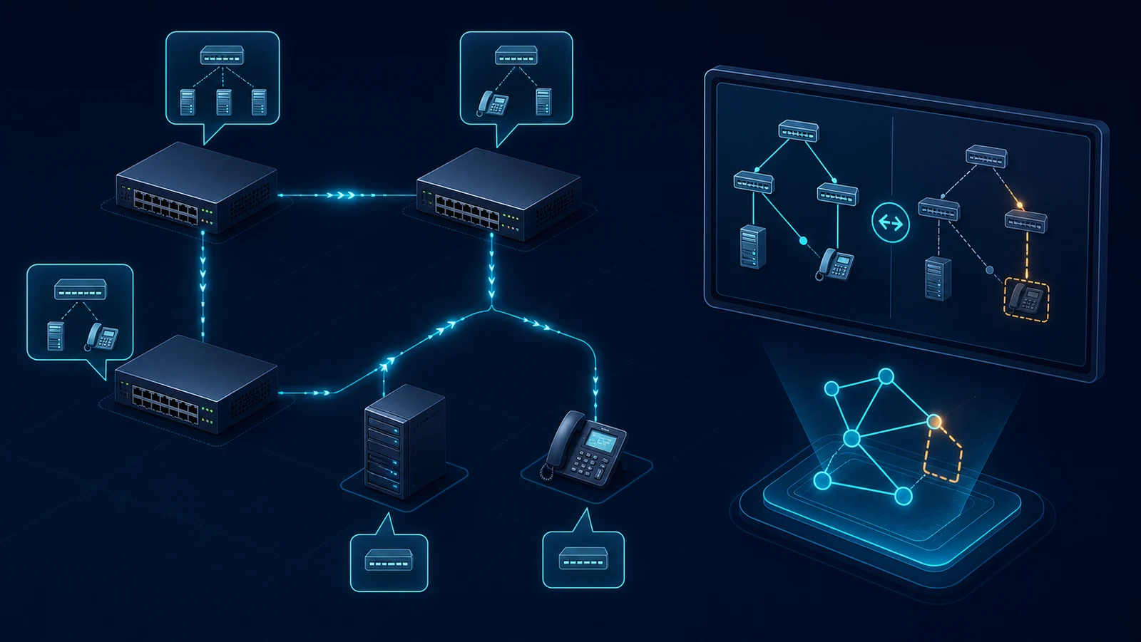 Các switch, server và IP phone trao đổi LLDP với hệ thống inventory đối chiếu topology