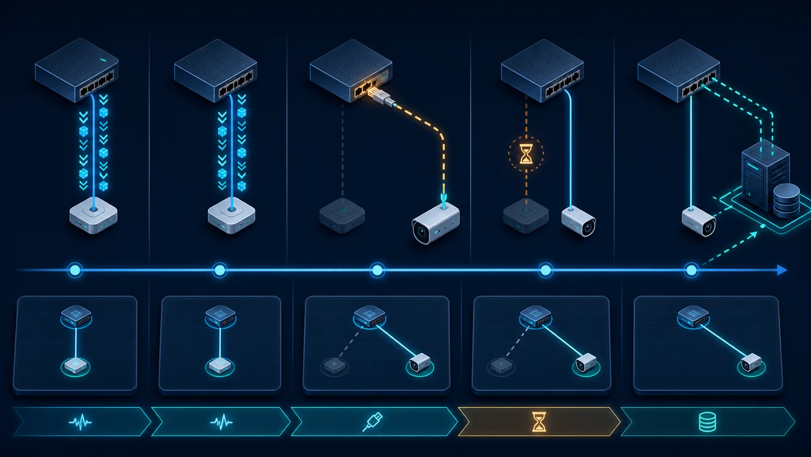 Minh họa: Timeline phát hiện và aging LLDP neighbor trong inventory.