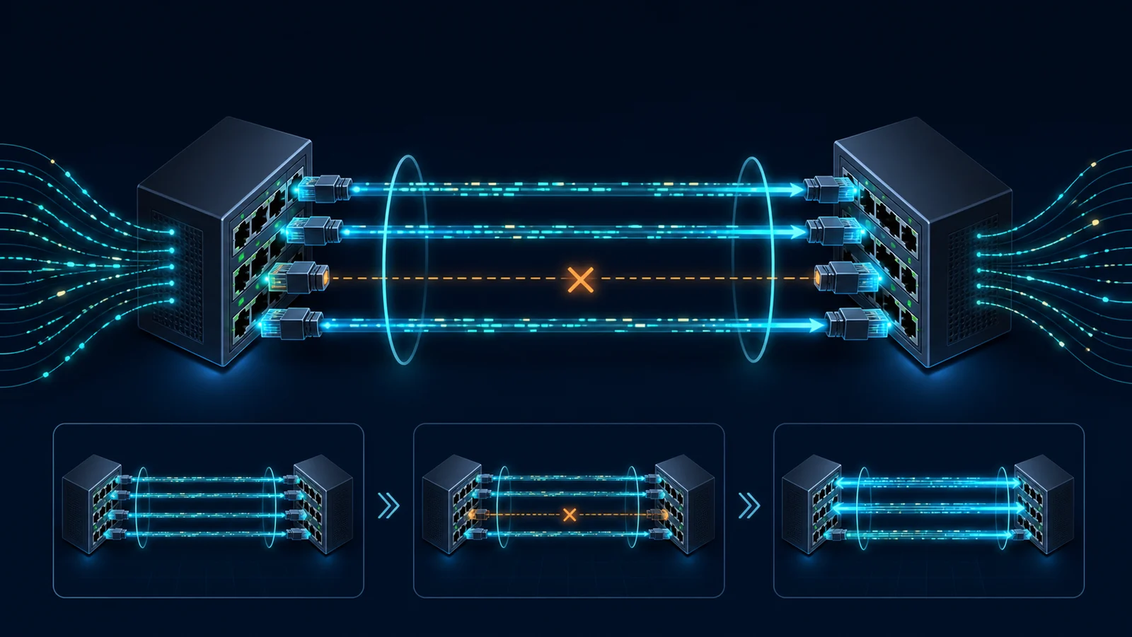 Hai thiết bị nối bằng LACP bundle nhiều member với traffic flow phân bố và một member bị lỗi
