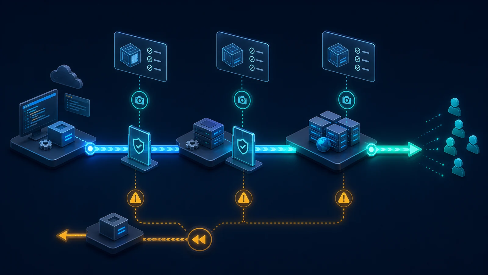 Minh họa: State machine continuous promotion với release gate và rollback.
