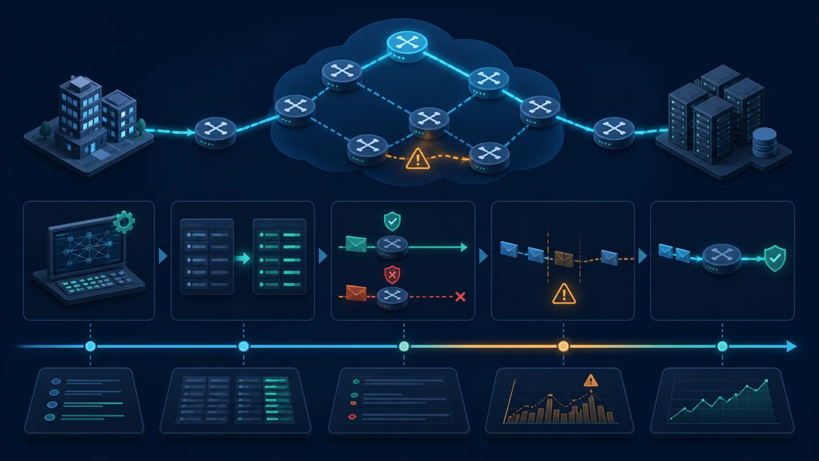 Minh họa: Timeline kiểm thử uRPF trong lúc reverse path thay đổi.