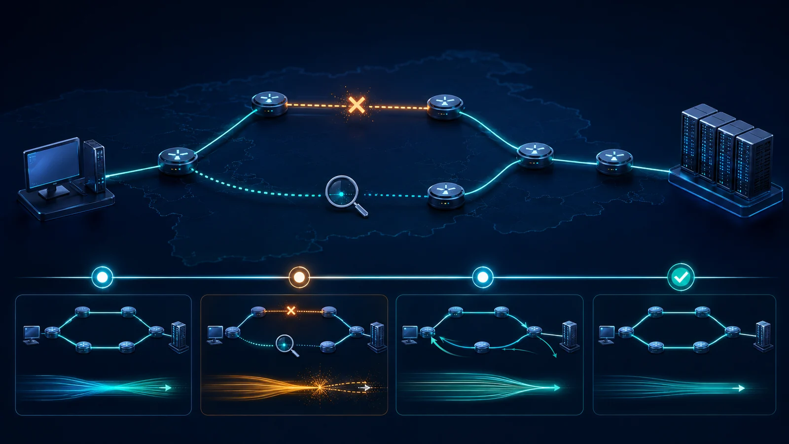 Minh họa: Timeline tách detection, convergence và restoration trong phép đo STAMP