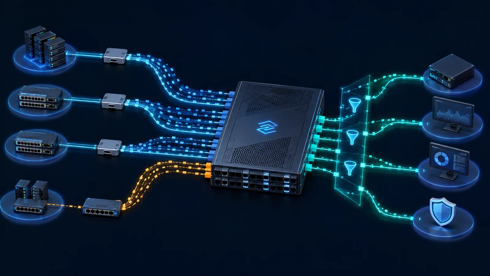 Nhiều nguồn TAP và SPAN đi qua NPB deduplication tới công cụ giám sát
