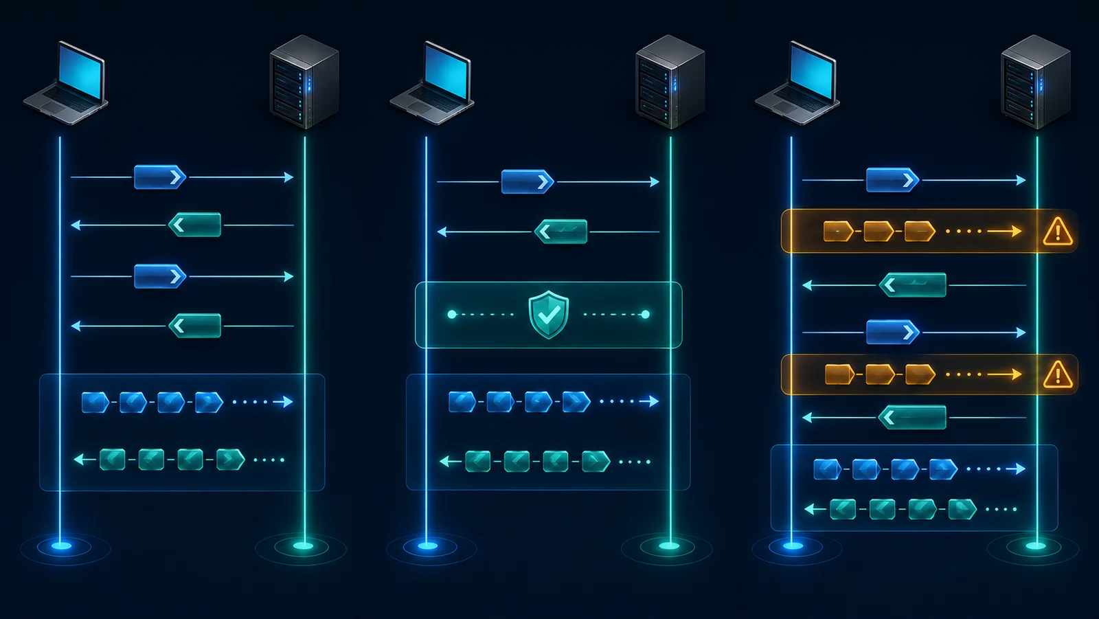 Minh họa: So sánh chuỗi bản tin TLS 1.3 và thời điểm gửi dữ liệu ứng dụng
