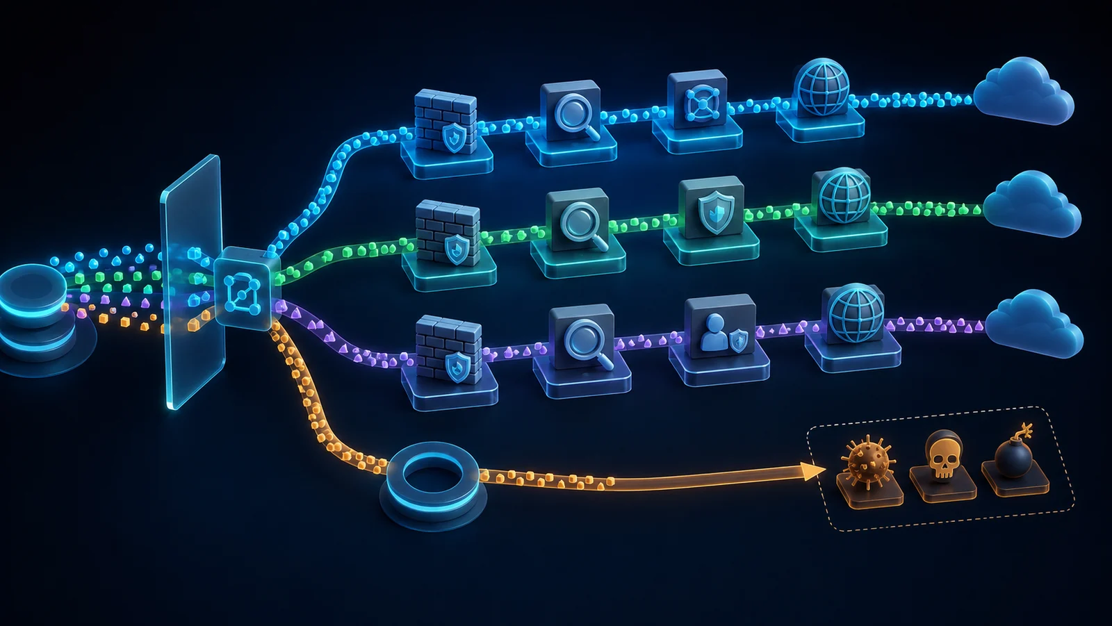 Luồng dịch vụ đi qua classifier, firewall, IPS và proxy với đường bypass dự phòng