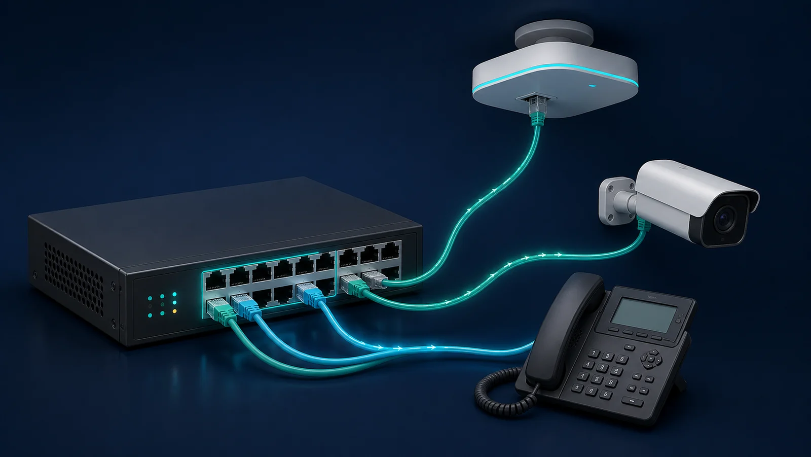 Minh họa: Switch PoE cấp nguồn cho camera access point và điện thoại qua tải đo có kiểm soát