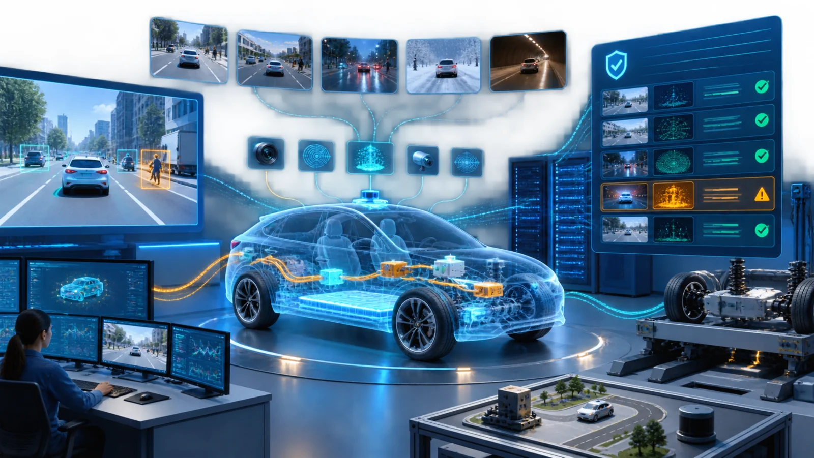 Minh họa: Chuỗi evidence từ scenario test và model evaluation đi vào safety case của xe định nghĩa bằng phần mềm