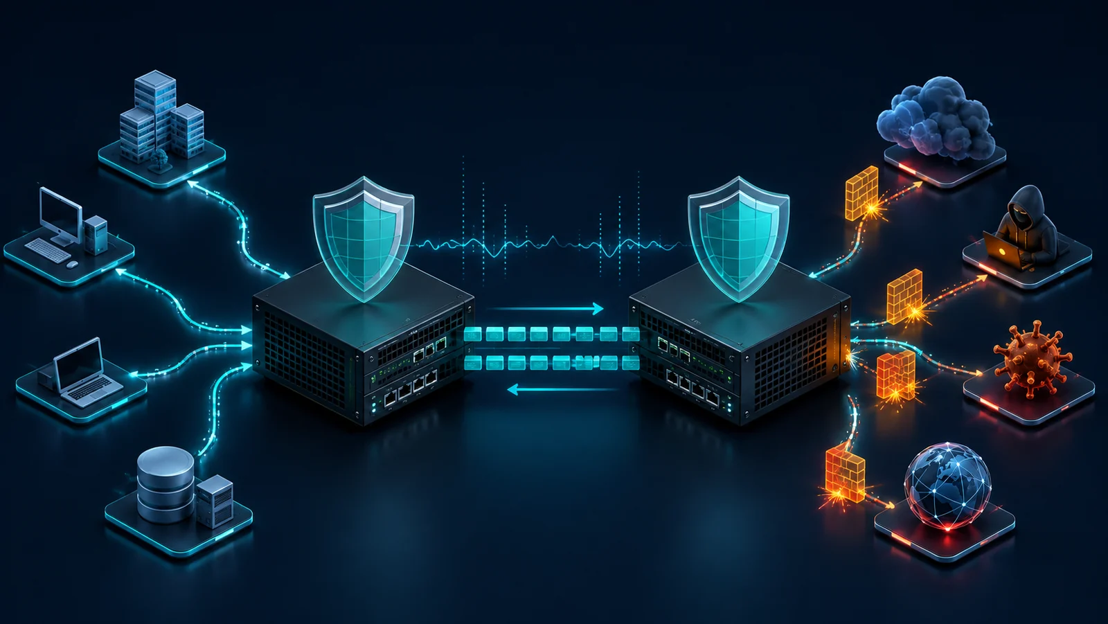 Minh họa: Cặp firewall HA đồng bộ session giữa hai đường mạng và vùng dịch vụ