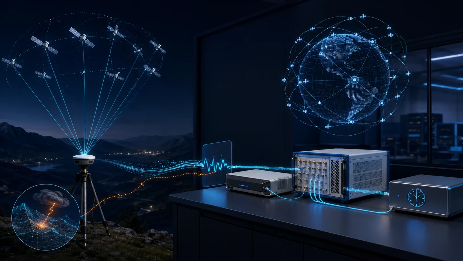 Minh họa: Chuỗi kiểm thử PNT từ thu tín hiệu hiện trường tới mô phỏng GNSS NTN trong phòng lab
