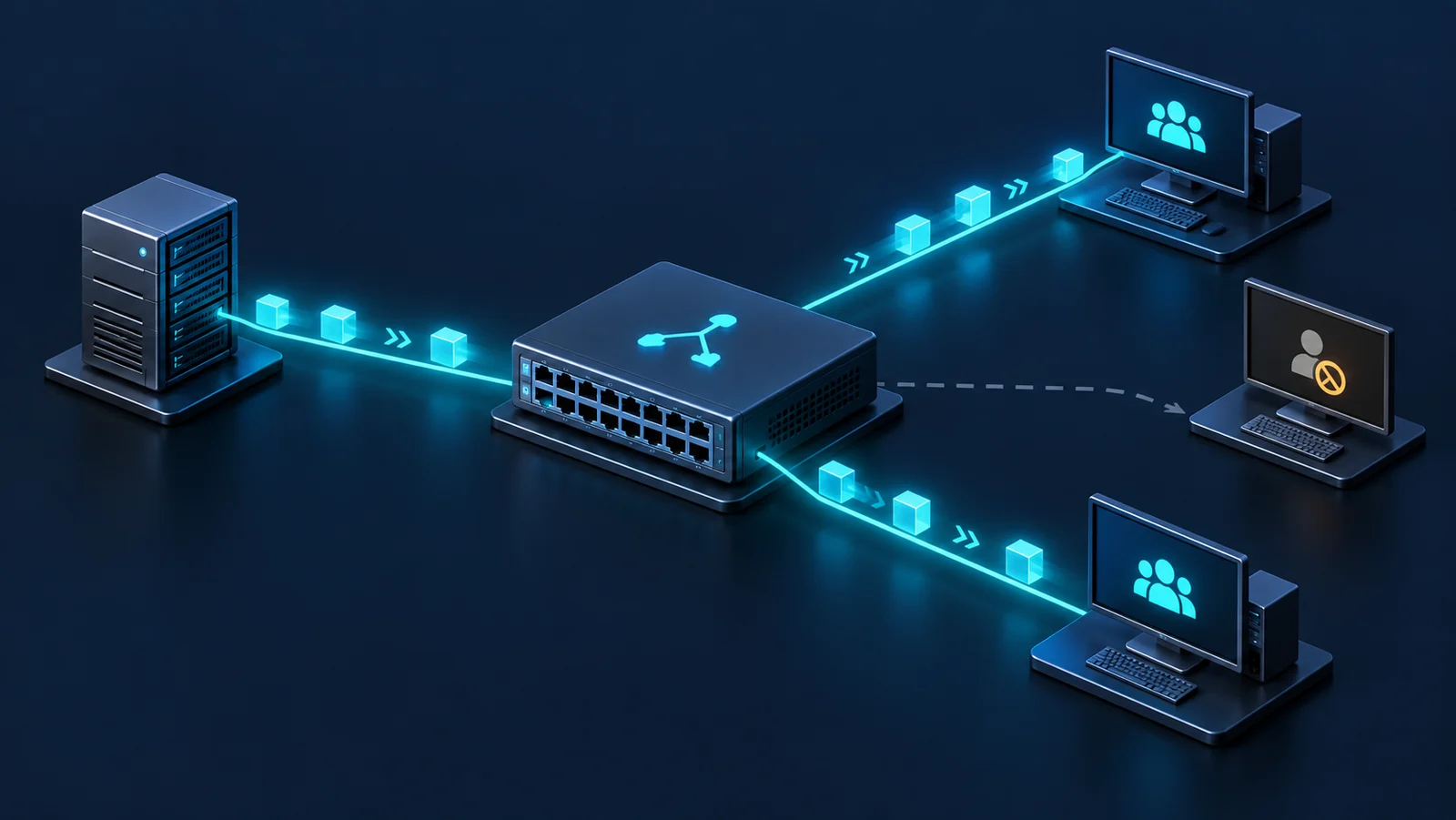 Switch snooping phân phối luồng multicast tới các cổng có receiver đăng ký