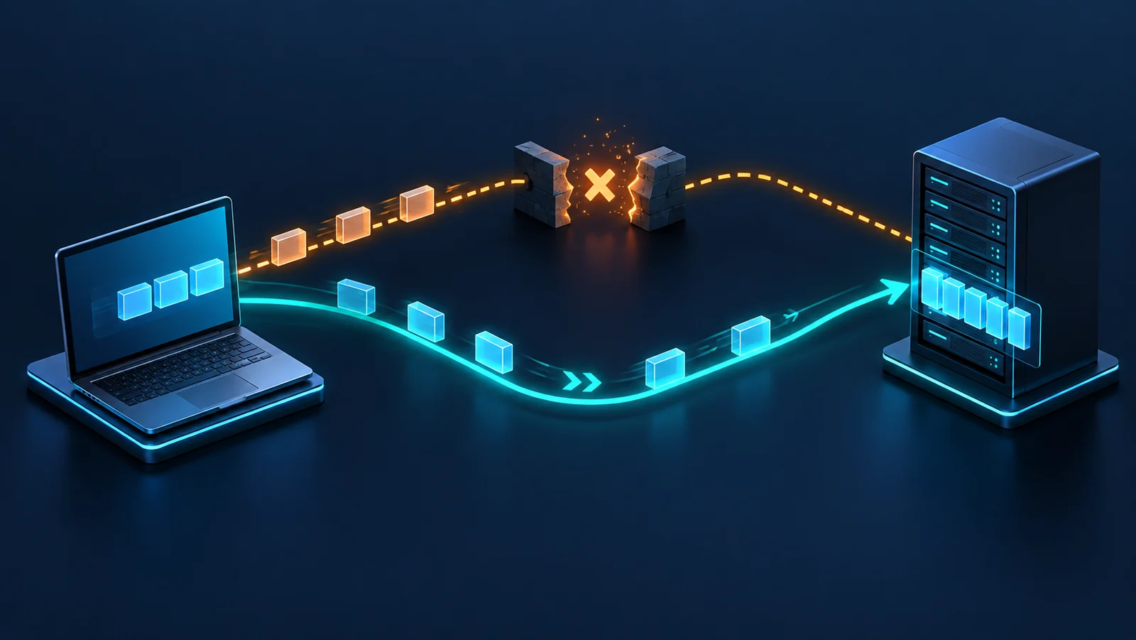 Minh họa: Dữ liệu MPTCP được chuyển sang đường còn hoạt động khi một subflow gặp lỗi.