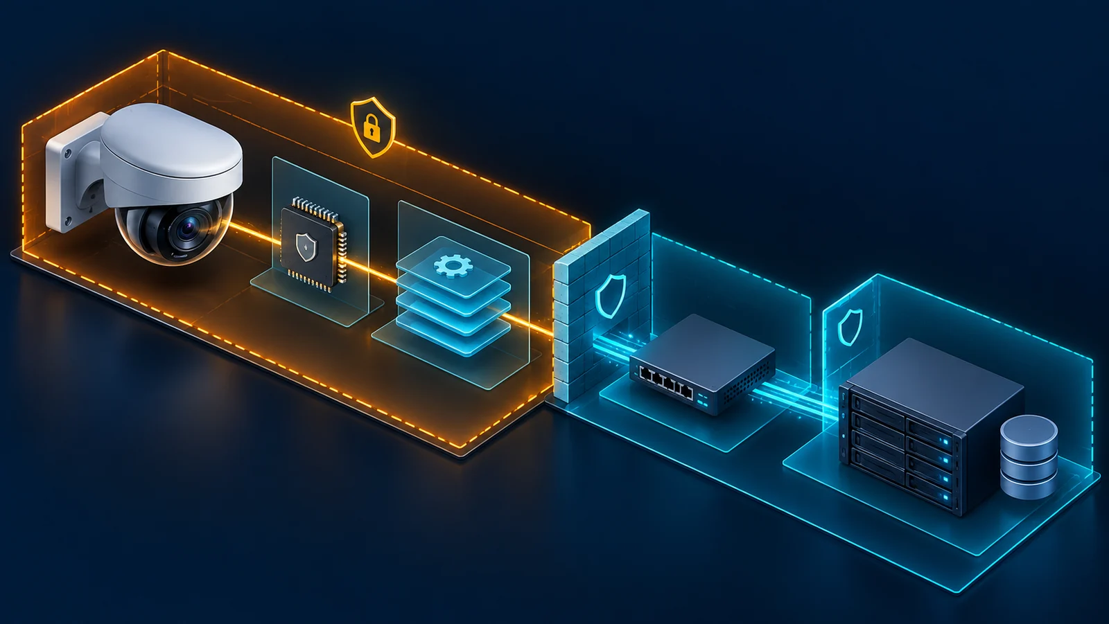 Minh họa: Các lớp vỏ thiết bị, bootloader, firmware, mạng và hệ thống ghi hình; không mô tả phần cứng của model cụ thể.