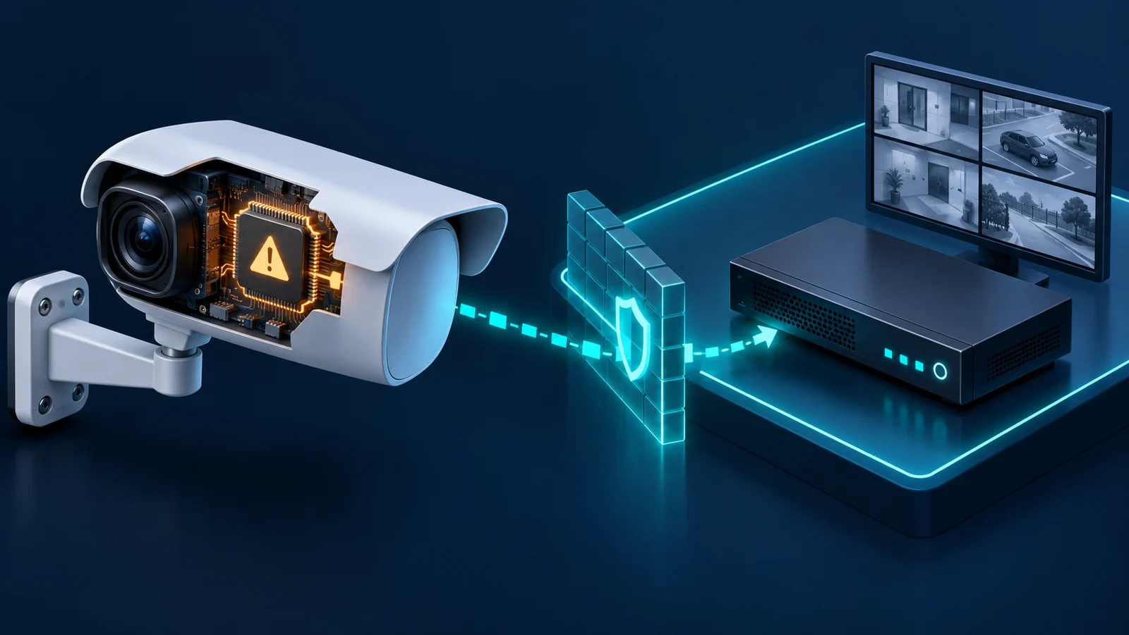 Minh họa camera IP, ranh giới phần cứng khởi động và mạng ghi hình; không phải ảnh model bị ảnh hưởng