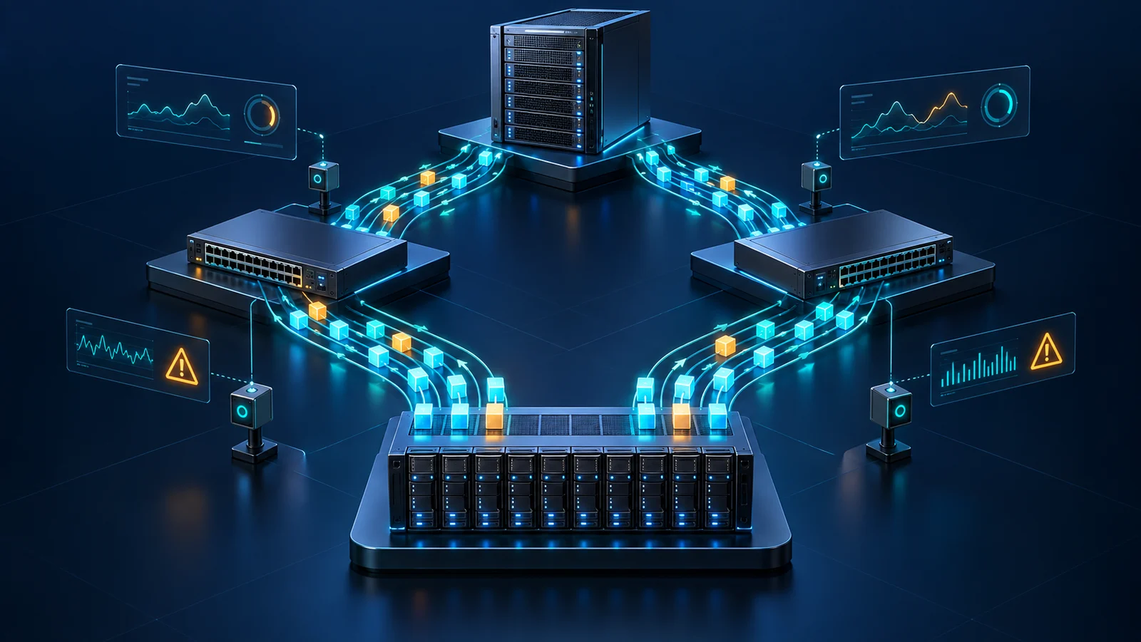 NVMe host truy cập storage subsystem qua TCP fabric có network emulator và điểm đo