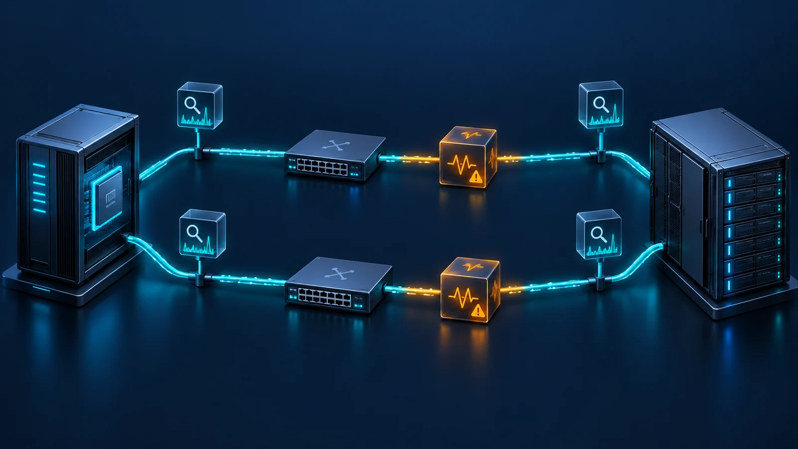 Minh họa: Host và storage subsystem qua hai đường TCP có điểm mô phỏng lỗi và quan sát.