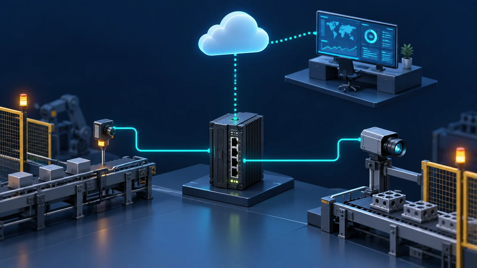 Minh họa: Đường quản lý cloud tách khỏi luồng dữ liệu cục bộ của mạng công nghiệp; không phải sơ đồ sản phẩm.