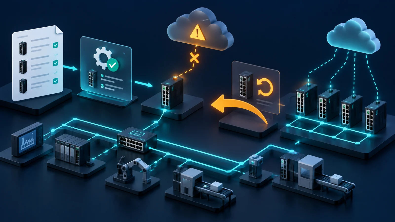 Minh họa: Kiểm tra tương thích, canary, mất cloud và rollback trước khi mở rộng quản lý switch.