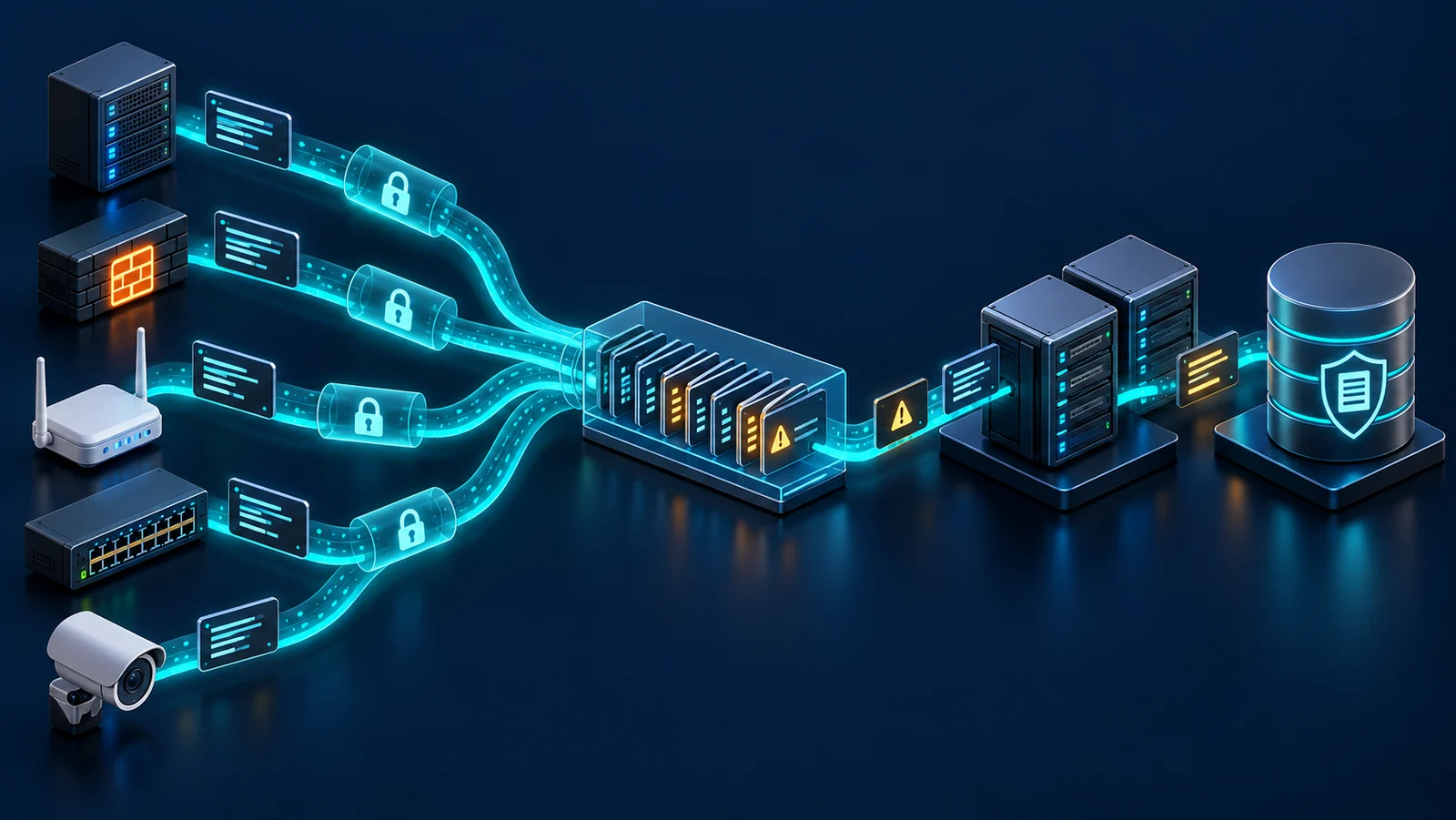 Nhiều thiết bị gửi syslog qua TLS tới collector và SIEM có hàng đợi
