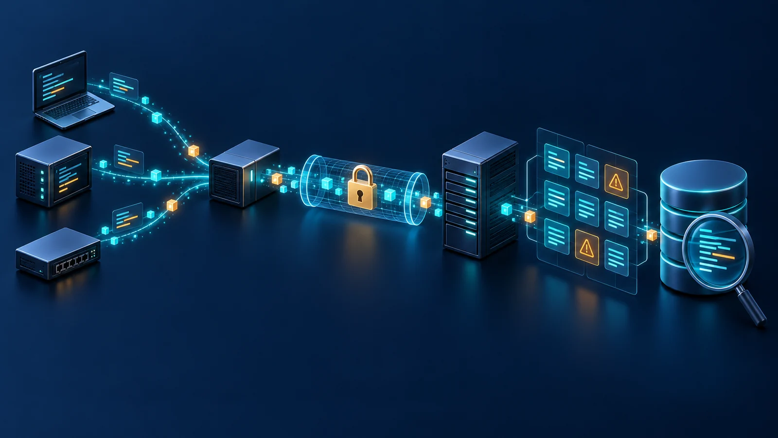 Minh họa: Các chặng từ nguồn log, relay, kênh TLS đến collector, parser và kho tra cứu.