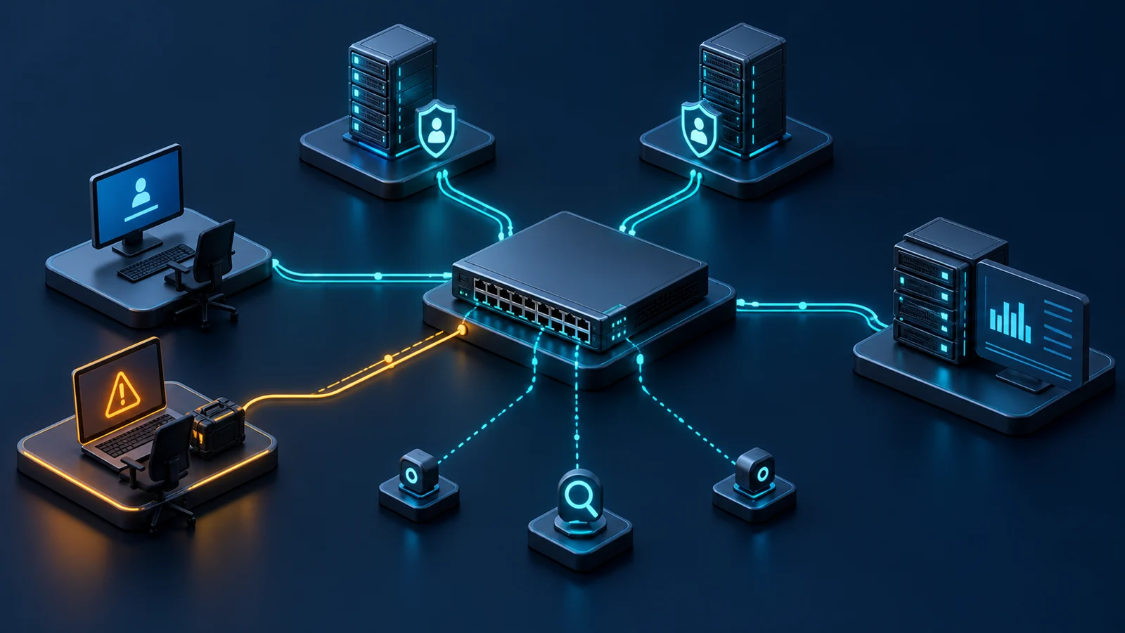 Minh họa: Topology khái niệm với DUT, hai server TACACS+, đường OOB và nơi lưu bằng chứng audit.