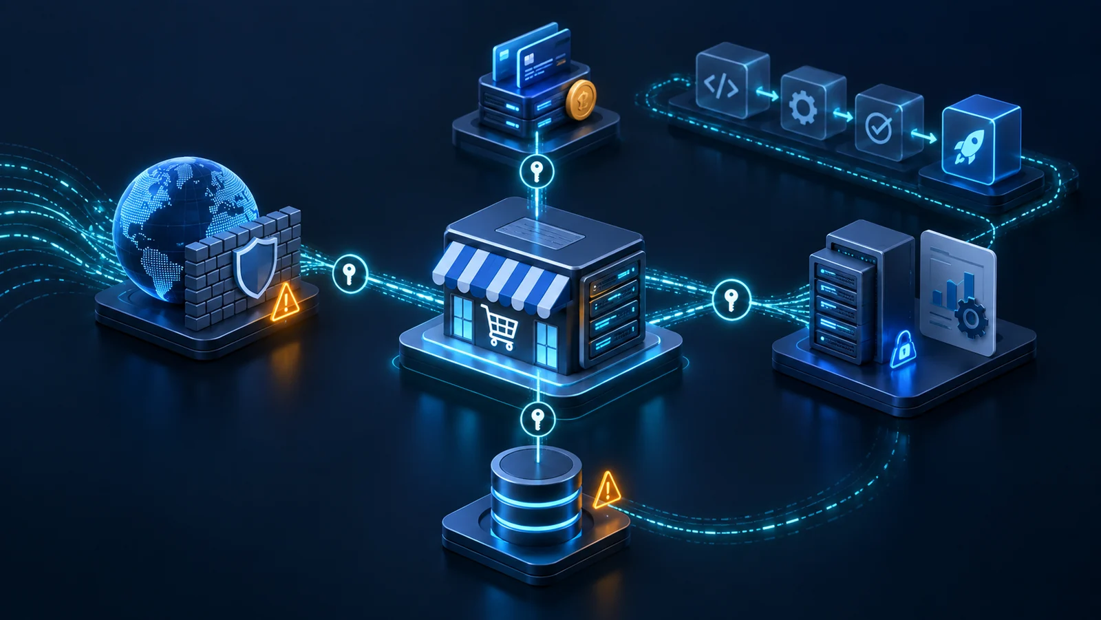 Minh họa: Các phụ thuộc ứng dụng commerce và nhóm credential cần kiểm kê; không phải kiến trúc sản phẩm cụ thể.