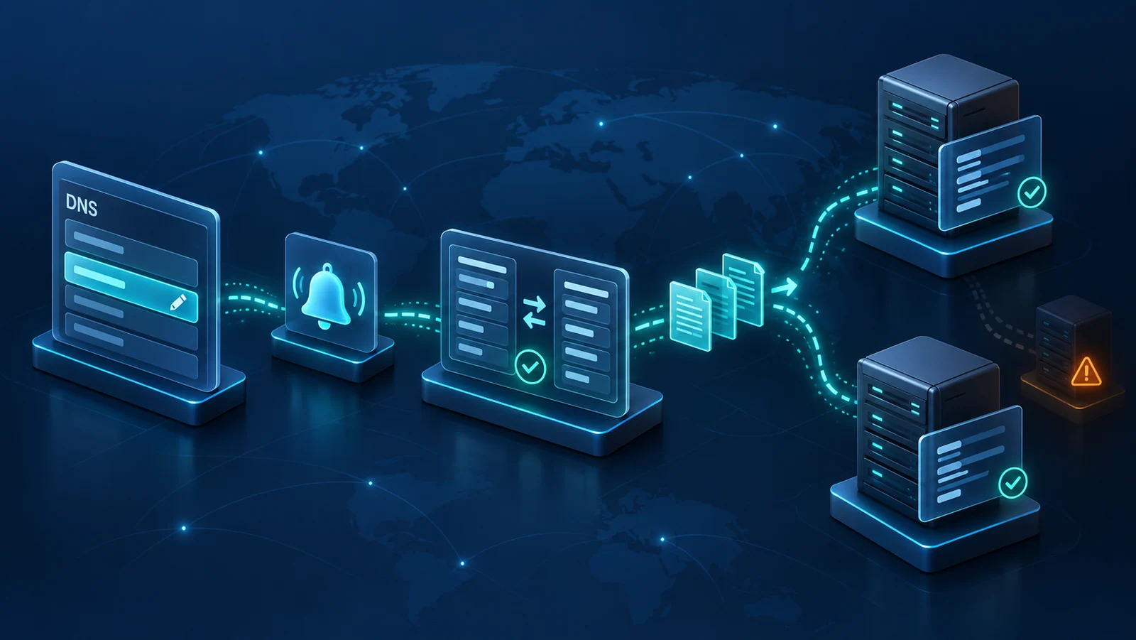 Minh họa: Các bước cập nhật, NOTIFY, so sánh serial, transfer và kiểm tra answer; không phải số liệu hội tụ.