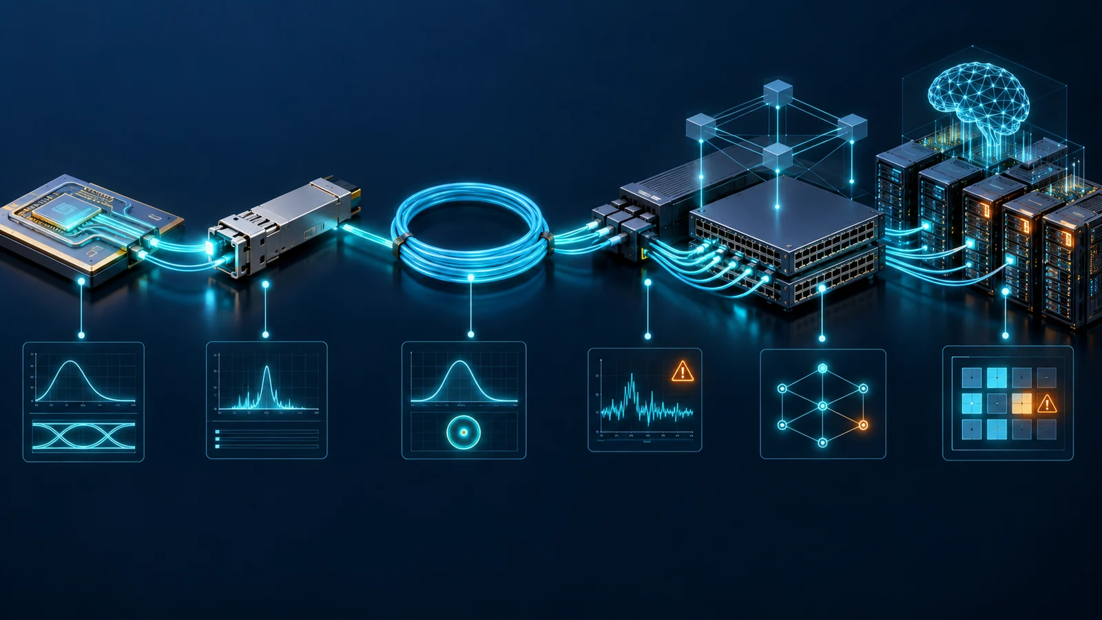 Minh họa: Chuỗi kiểm chứng từ linh kiện quang qua link và fabric tới workload AI; không mô phỏng thiết bị Keysight cụ thể.