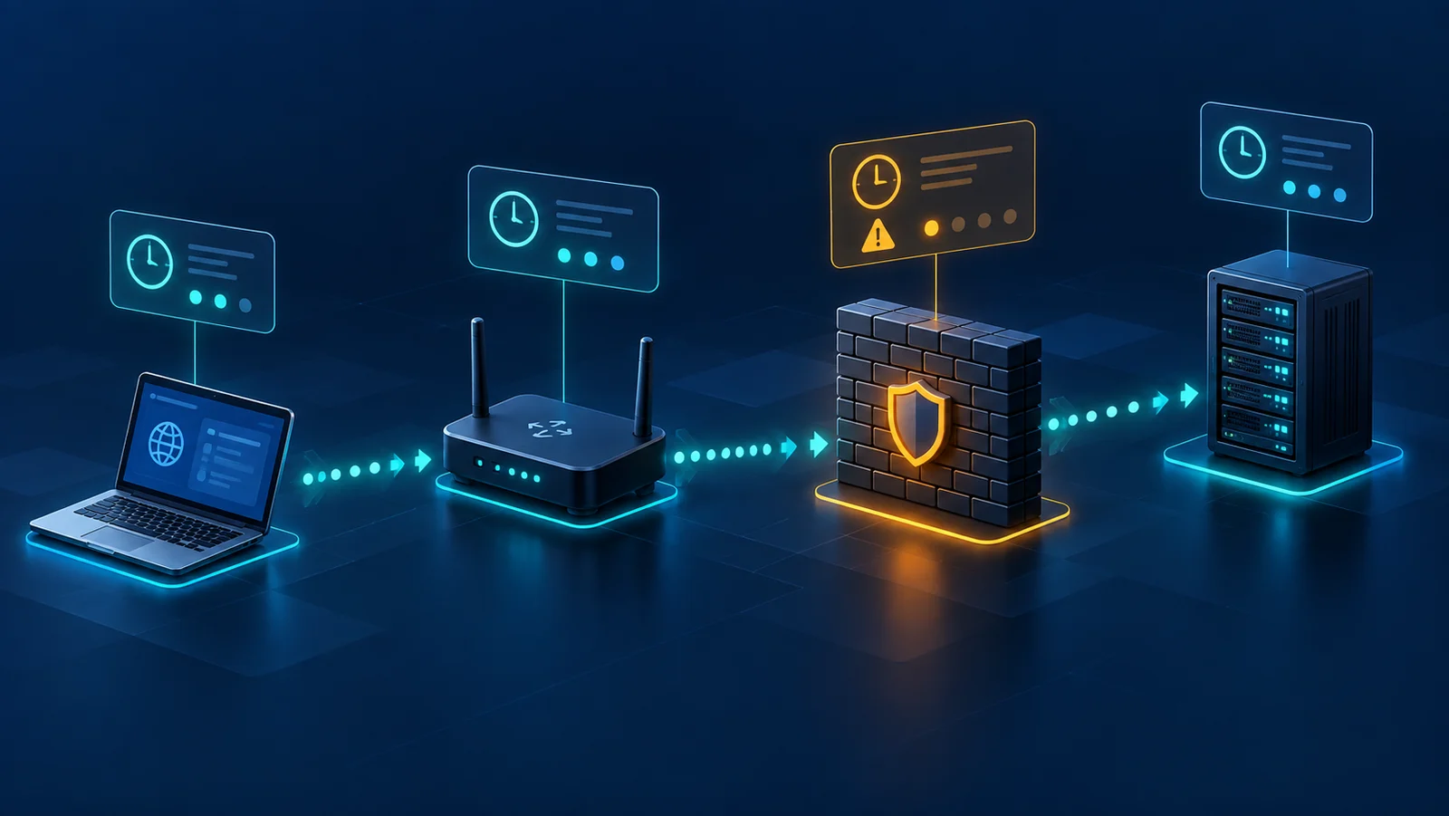 Minh họa phiên TCP từ client qua NAT và firewall tới server với trạng thái và bộ đếm thời gian