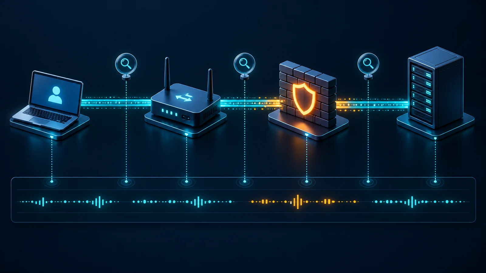 Minh họa: Các điểm quan sát từ client qua NAT và firewall tới server; sơ đồ khái niệm, không phải topology đo thực tế.