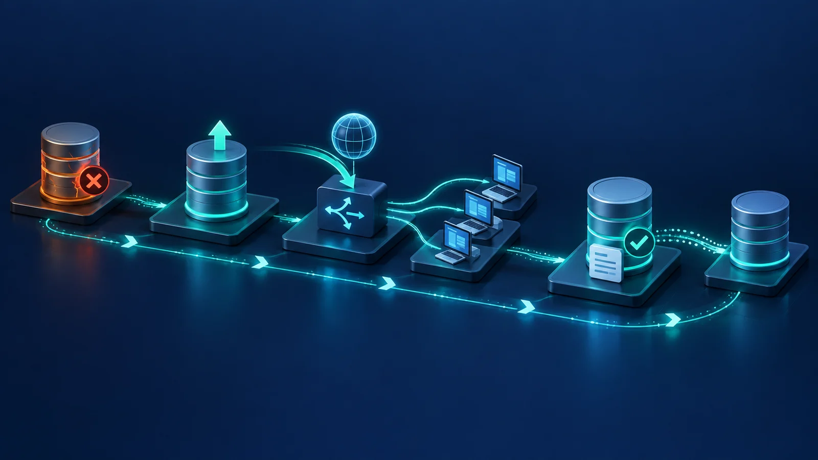 Minh họa: Primary lỗi, chuyển vai trò và endpoint, kết nối lại rồi phục hồi giao dịch; không thể hiện RTO/RPO hay benchmark thực tế.