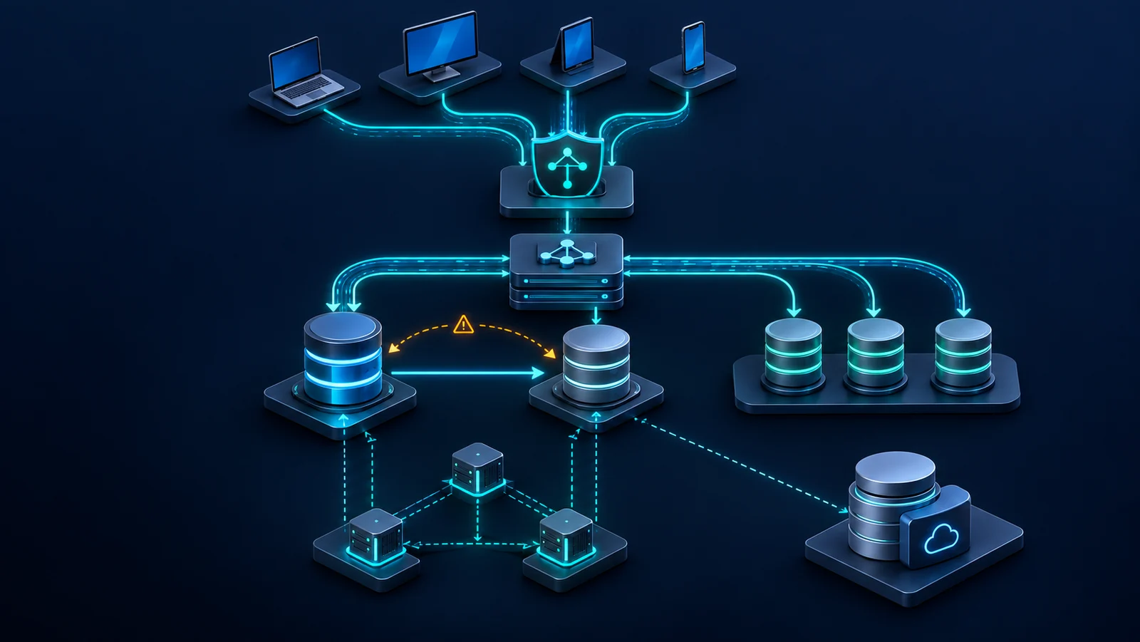 Minh họa: Các lớp endpoint, connection pool, database HA, read pool và coordination; sơ đồ khái niệm, không phải cấu hình triển khai được chứng nhận.