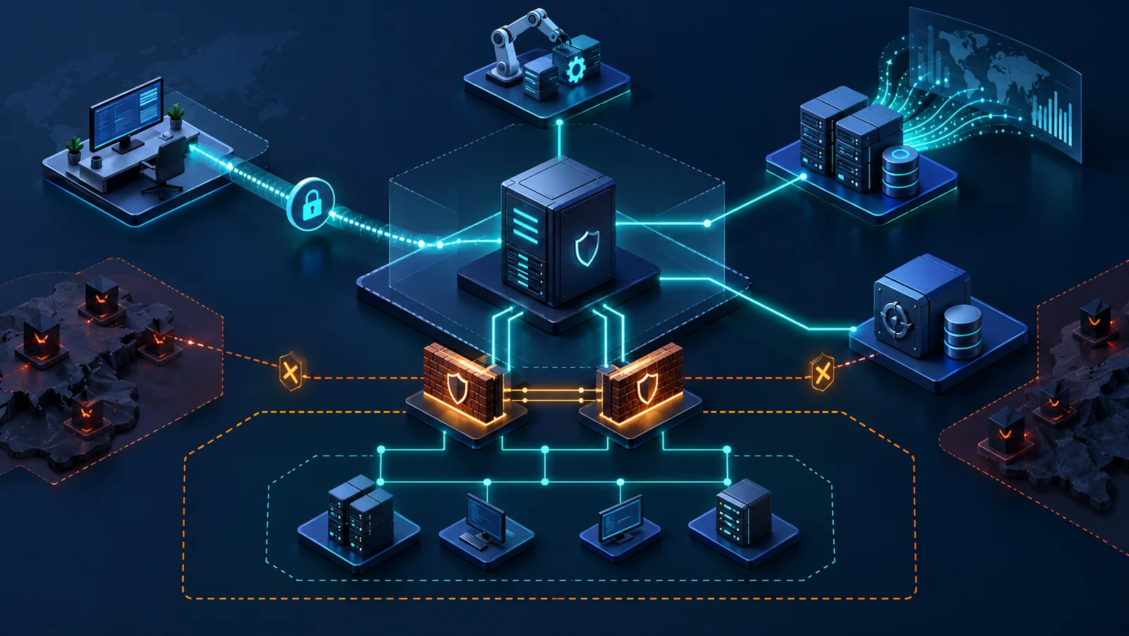 Minh họa: Các phụ thuộc của management plane gồm admin, firewall, API, SIEM và backup; không phải giao diện hay sơ đồ thiết bị Cisco cụ thể.