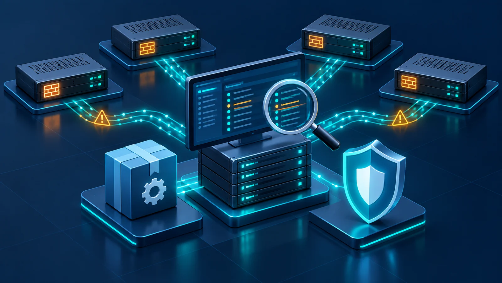 Minh họa máy chủ quản lý firewall, gói hotfix, audit log và các firewall được quản lý