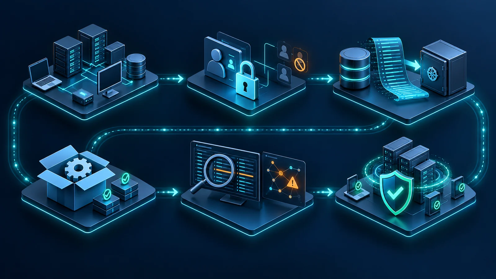 Minh họa: Inventory, hạn chế truy cập, bảo toàn log, vá, điều tra và xác minh recovery; không phải bằng chứng một hệ thống đã an toàn.